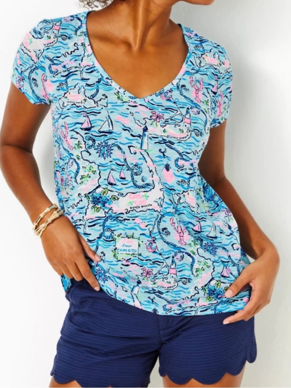 NWT Lilly Pulitzer Sz M Etta V-Neck Tee Bali Blue Lilly Loves Cape Cod - Picture 1 of 11